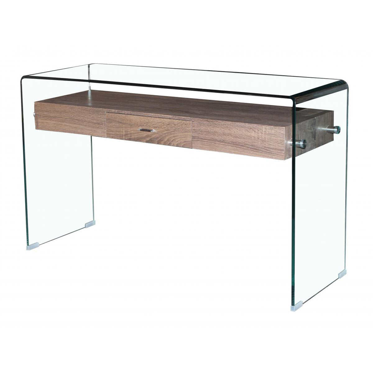 Clear glass console table with a wooden drawer and metal legs.