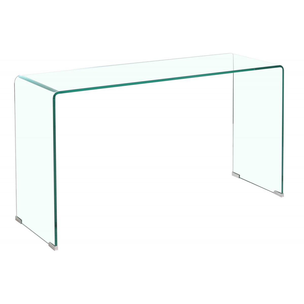 A clear glass console table with a rectangular shape and metal legs.