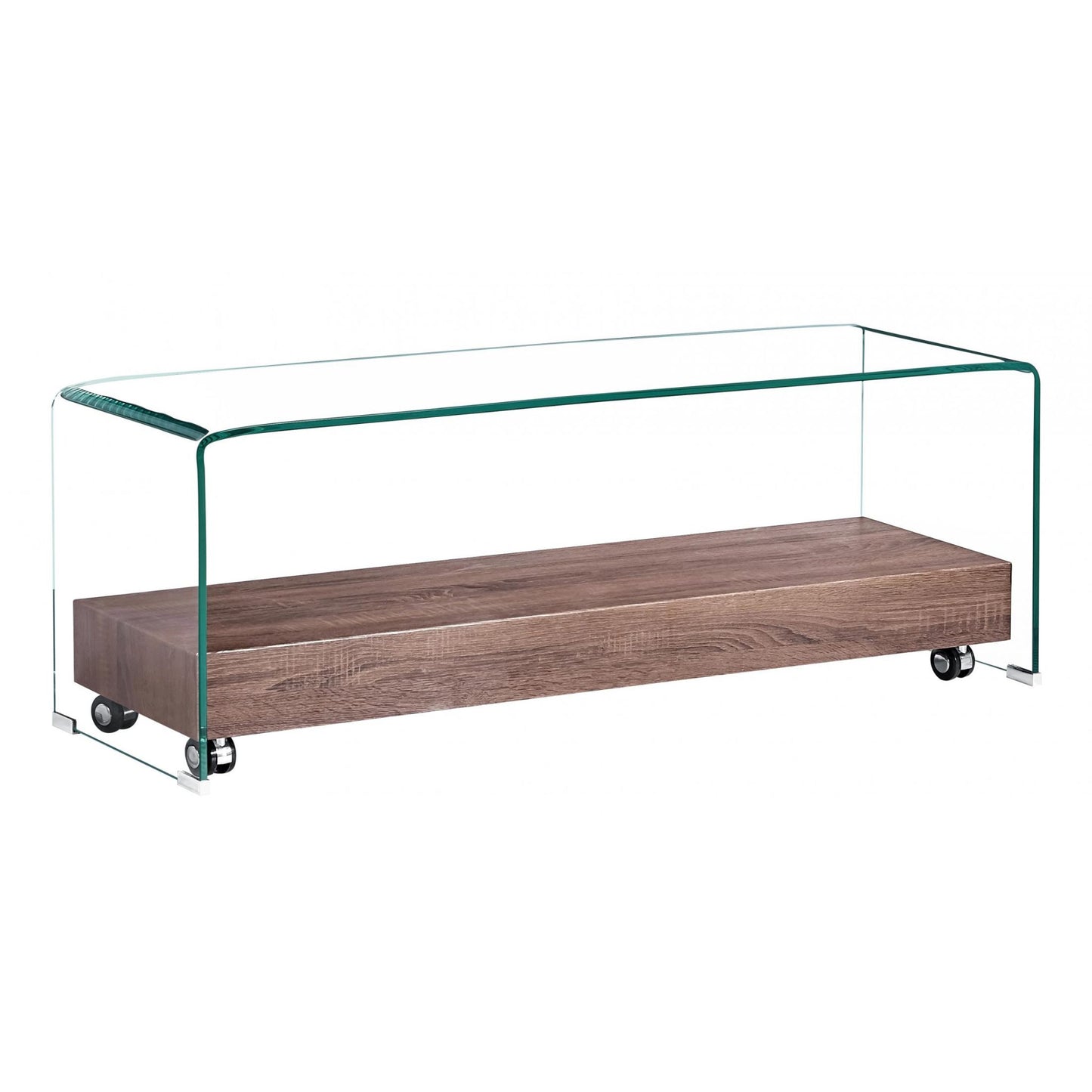 A clear glass TV unit with a shelf, featuring a rectangular shape with a brown wooden shelf beneath the glass. It is supported by metal frame and has wheels for mobility.