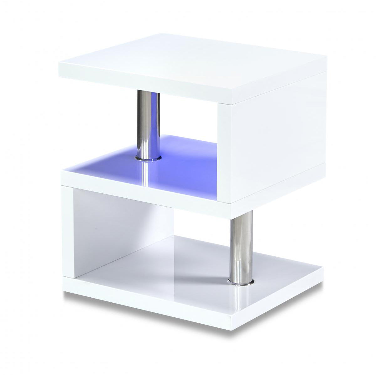 White side table with blue LED light on a white background