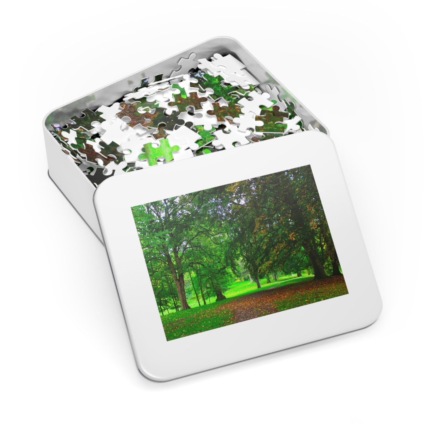 Jigsaw puzzle with a forest scene on a white background