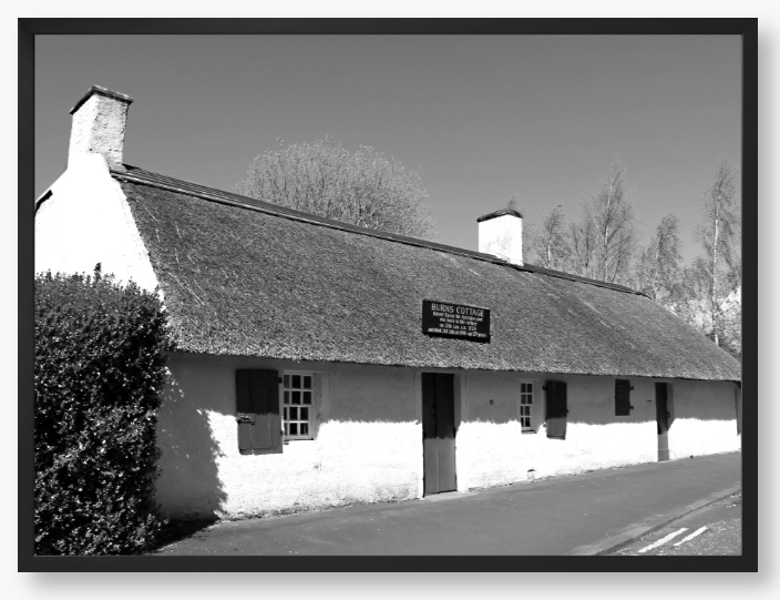 Black and White Framed Photo Of A Thatched cottage on a road with trees in the background