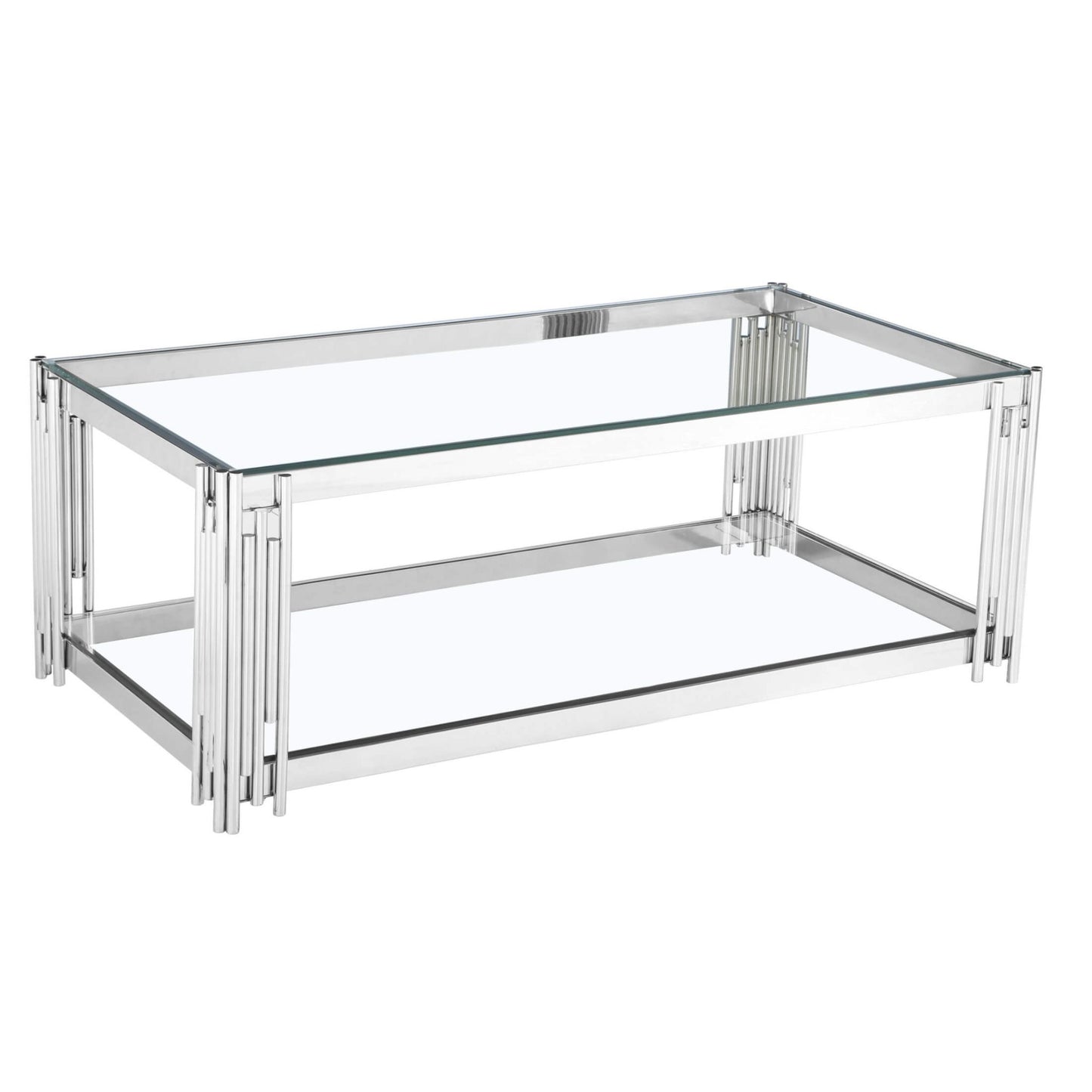 Glass coffee table with silver metal frame on a white background