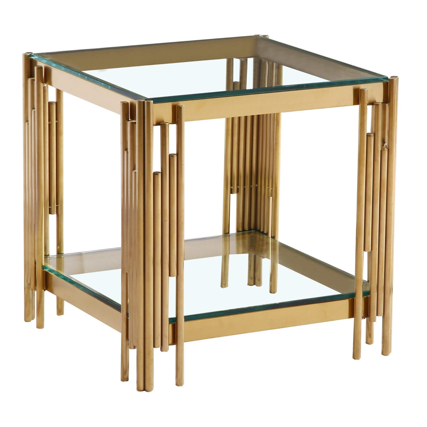 Gold side table with glass top on a white background