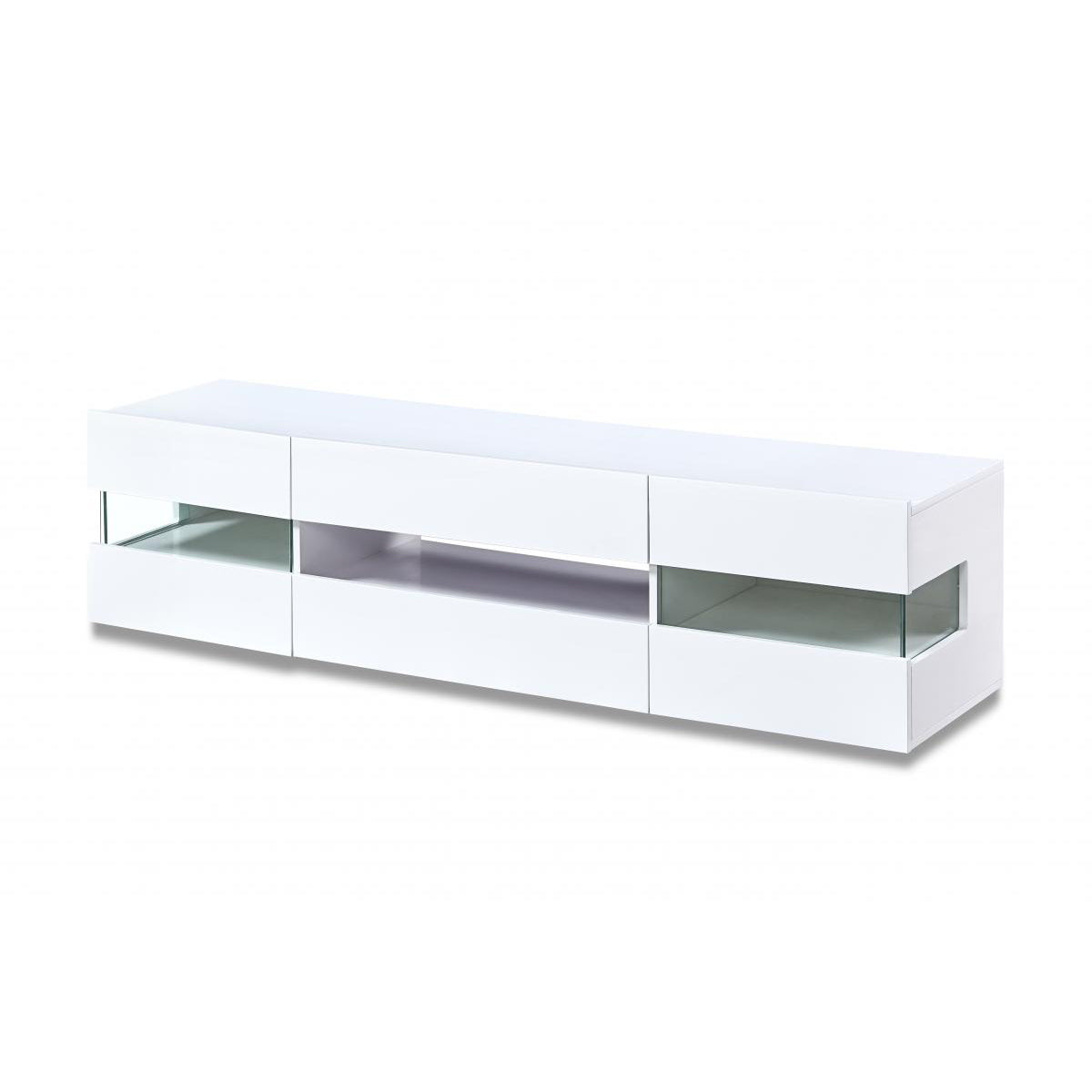 White high gloss LED TV unit with LED lights, featuring a flat shelf and a rectangular shape, against a plain background.