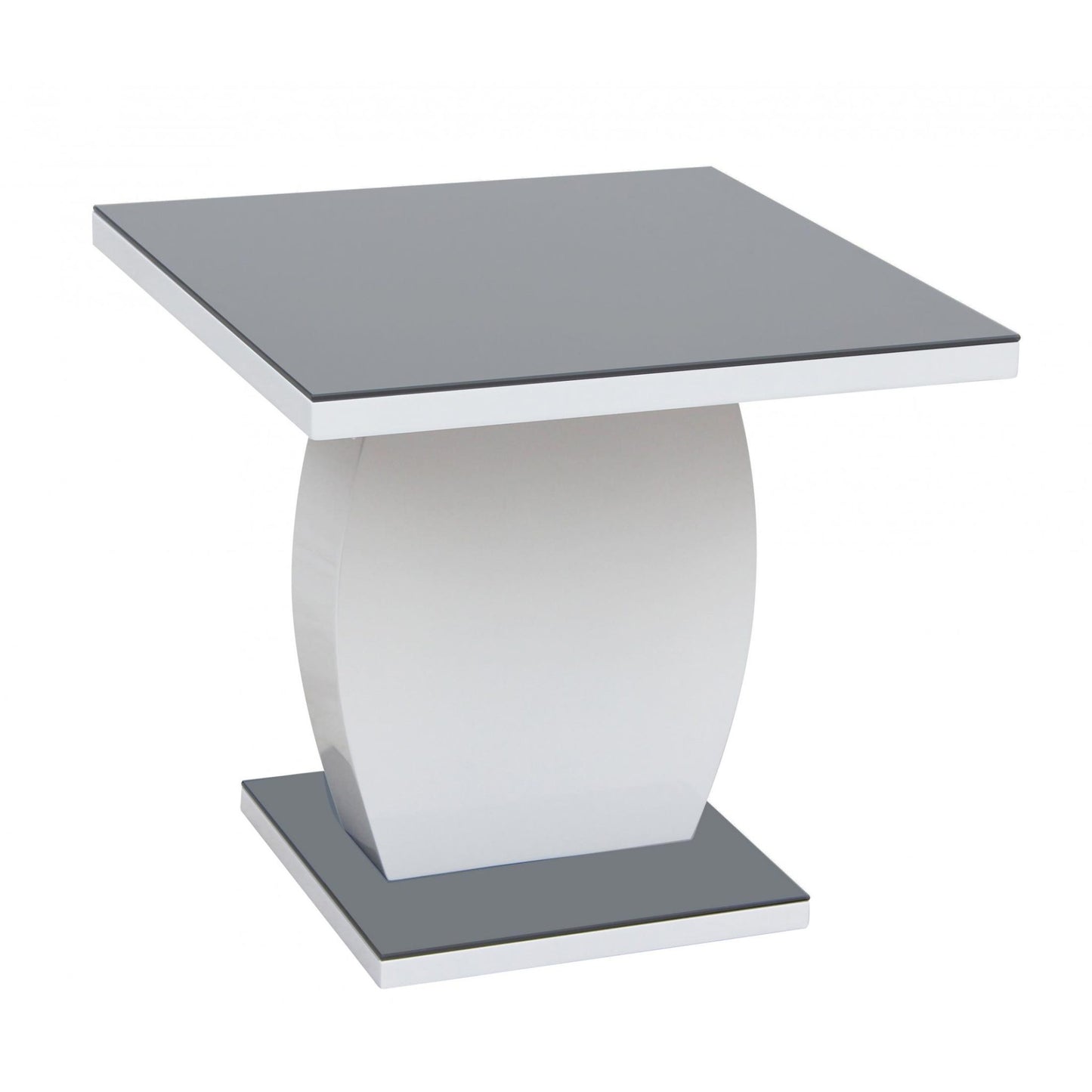 Modern side table with a gray top and white base on a white background