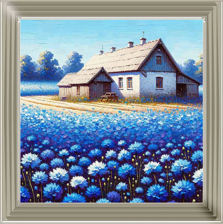 Cottage In Blue Flower Field - Framed Picture