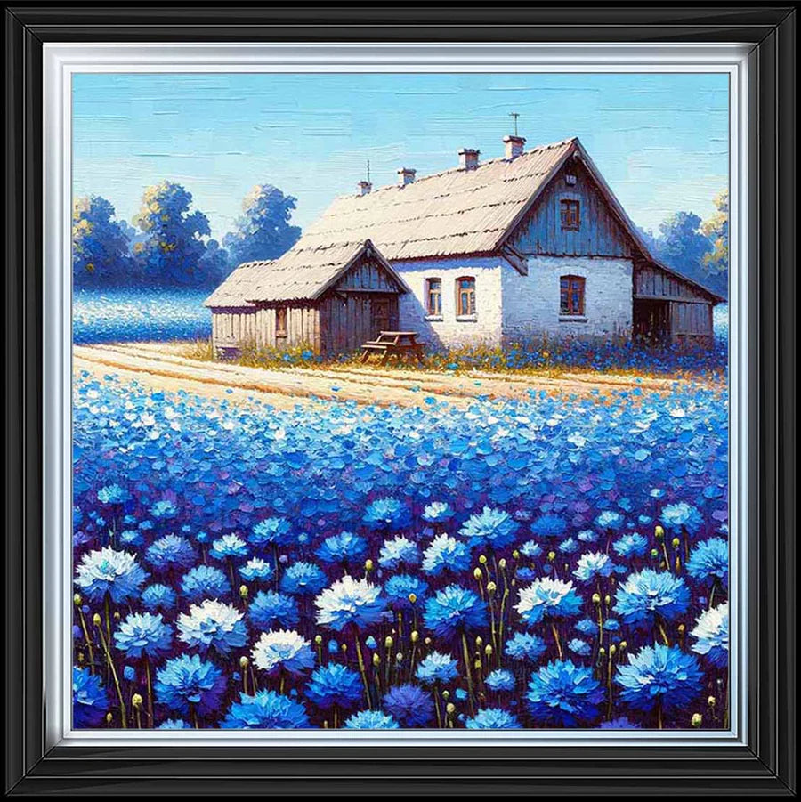 Cottage In Blue Flower Field - Framed Picture