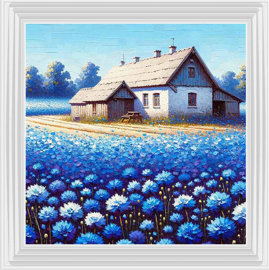 Cottage In Blue Flower Field - Framed Picture