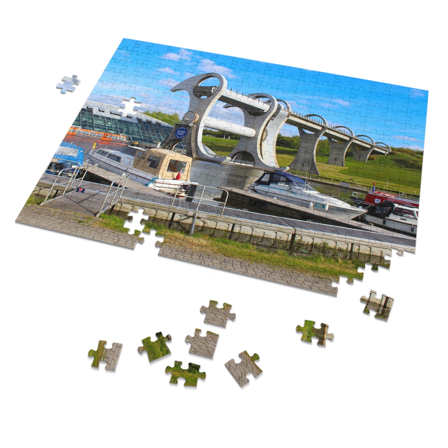 Jigsaw puzzle of a rotating boat lift with missing pieces on a white background