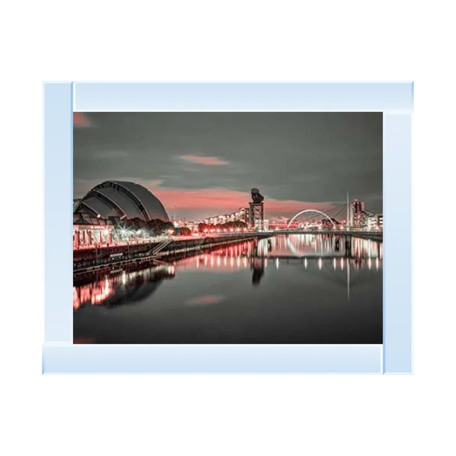 Silver mirror framed picture of a Glasgow landscape at night along the River Clyde. The landscape contains the SECC Armadillo and the Clyde Arc Bridge.
