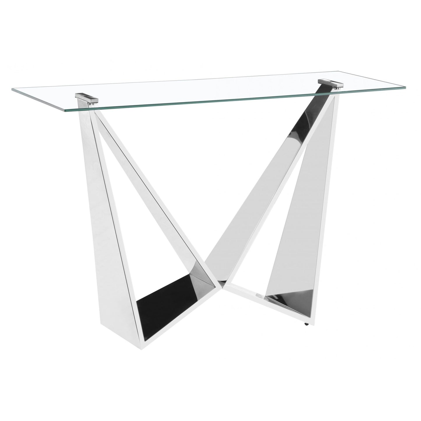 A clear glass console table with silver metal legs, rectangular in shape, intended for use in entryways or hallways.