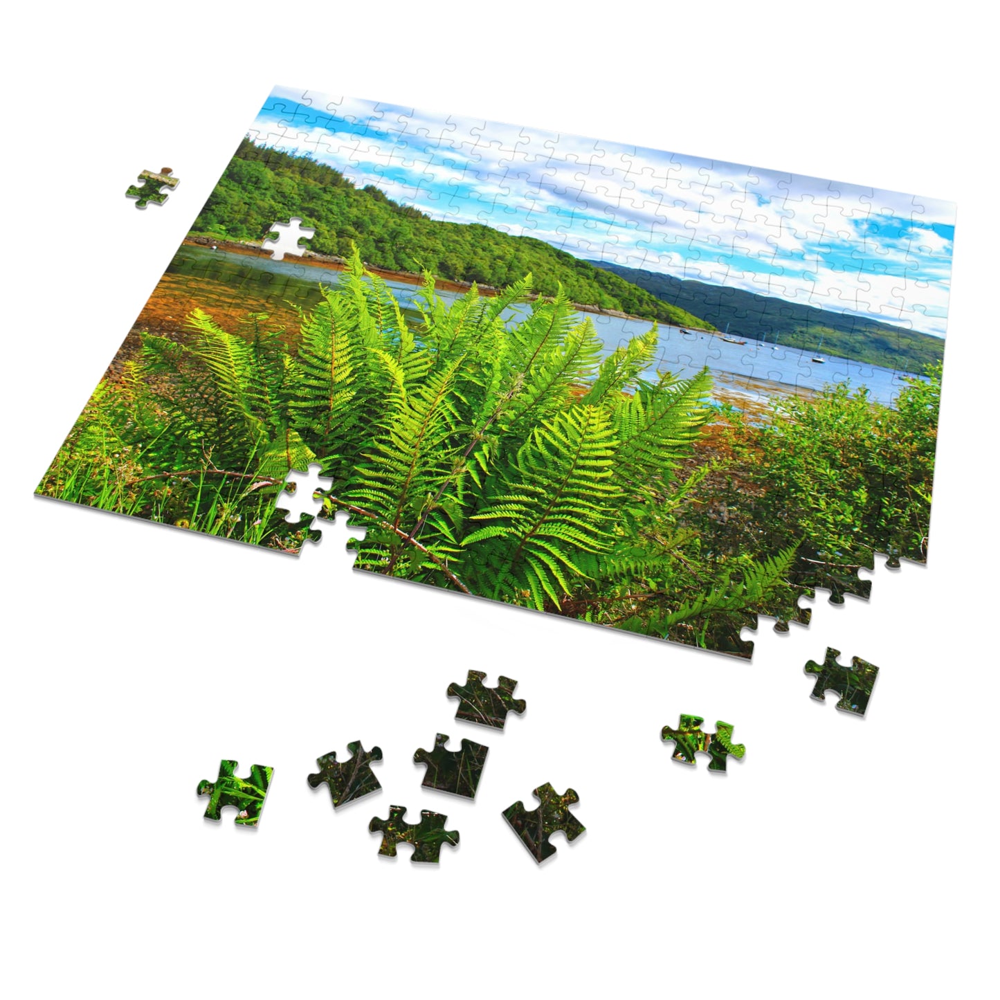Jigsaw puzzle with a scenic view of a lake and greenery, with pieces missing.