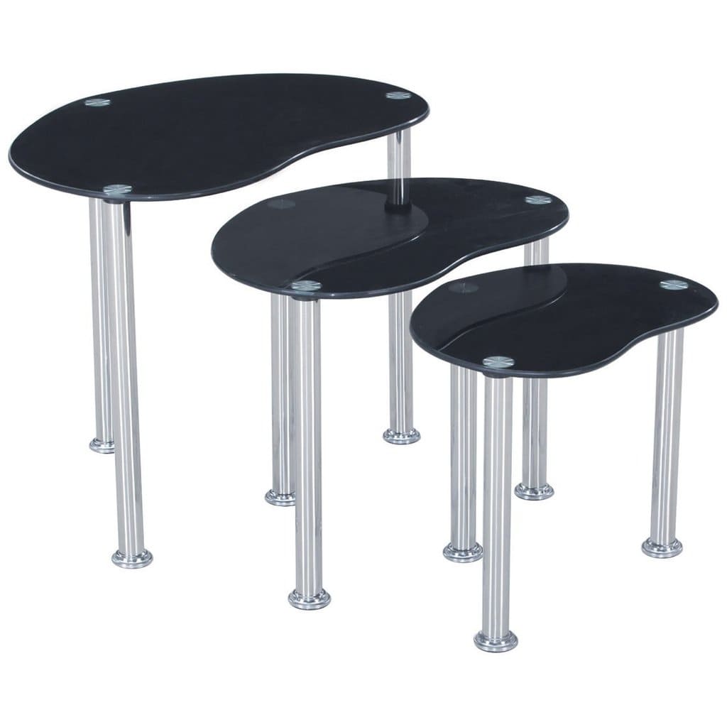 A set of three black glass tables with stainless steel legs, varying in size.
