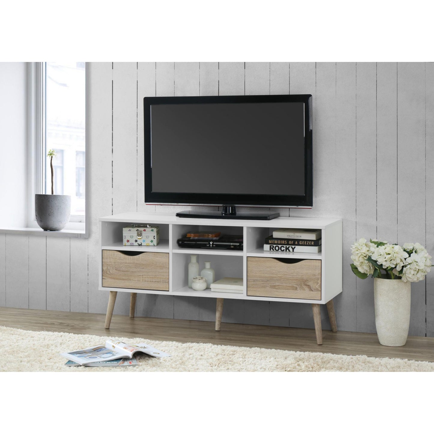 White and oak effect large TV unit with drawers and shelves