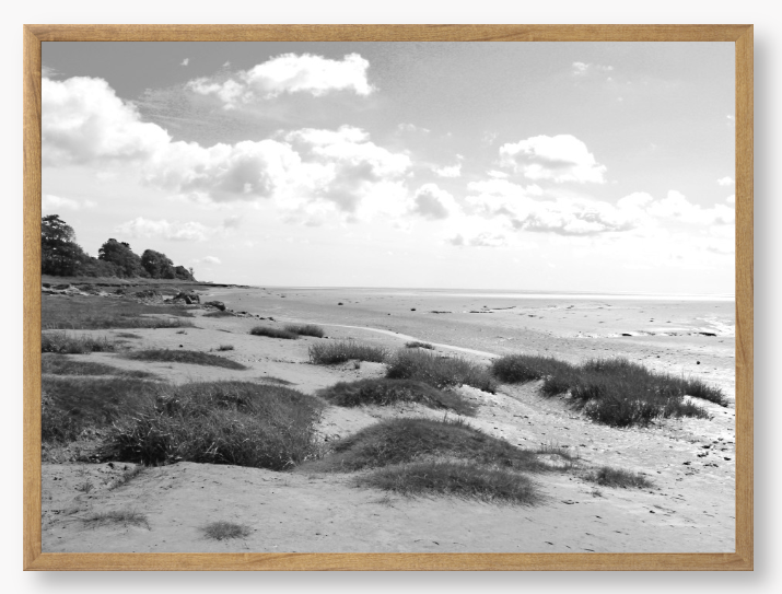 Black and White Framed photograph of a coastal landscape with sandy beach, grassy areas, and cloudy sky.