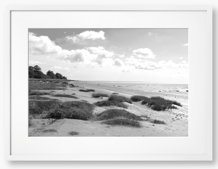 Black and White Framed photograph of a coastal landscape with sandy beach, grassy areas, and cloudy sky.
