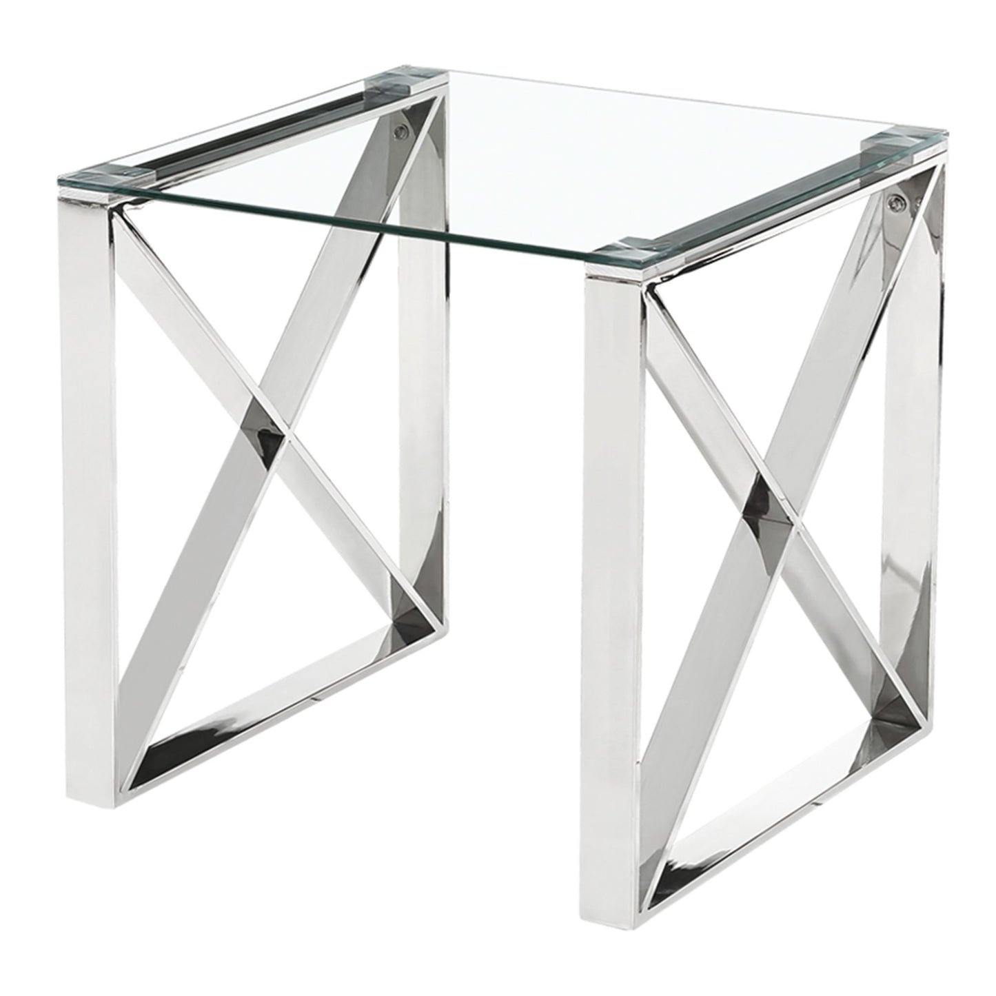 Glass side table with chrome geometric legs on a white background