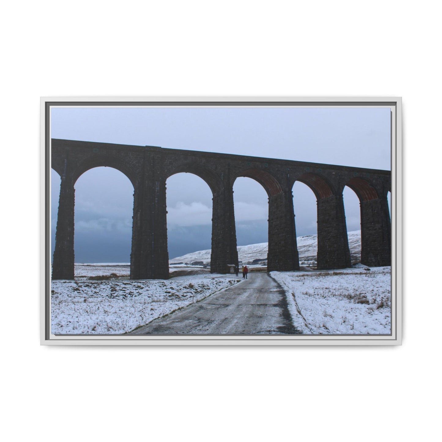 Framed photograph of a snowy landscape with a large arching structure.