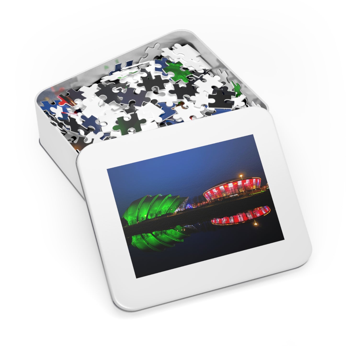 Jigsaw puzzle with a completed image of a stadium on a digital screen