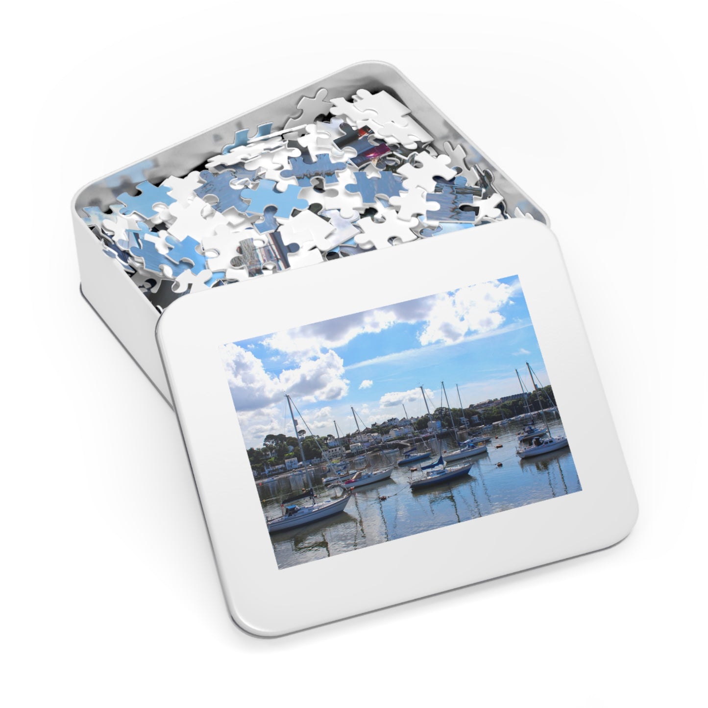 Puzzle with a scenic picture of a marina on a white background