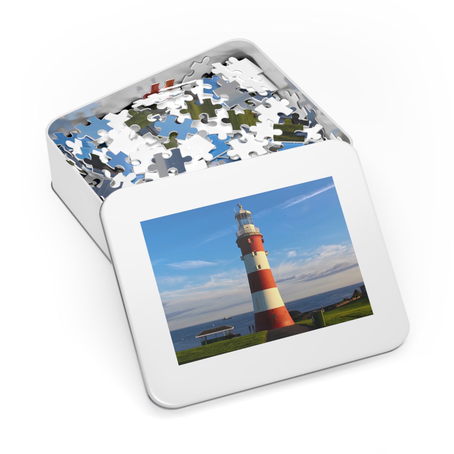 Jigsaw puzzle with a lighthouse image on the cover
