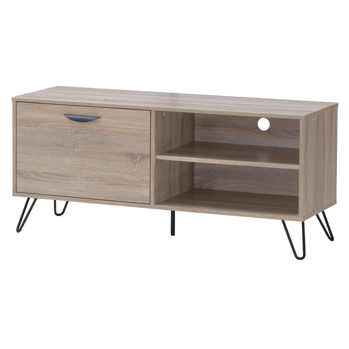 A small oak effect TV unit with one drawer and a shelf, featuring a natural oak finish and black metal legs.