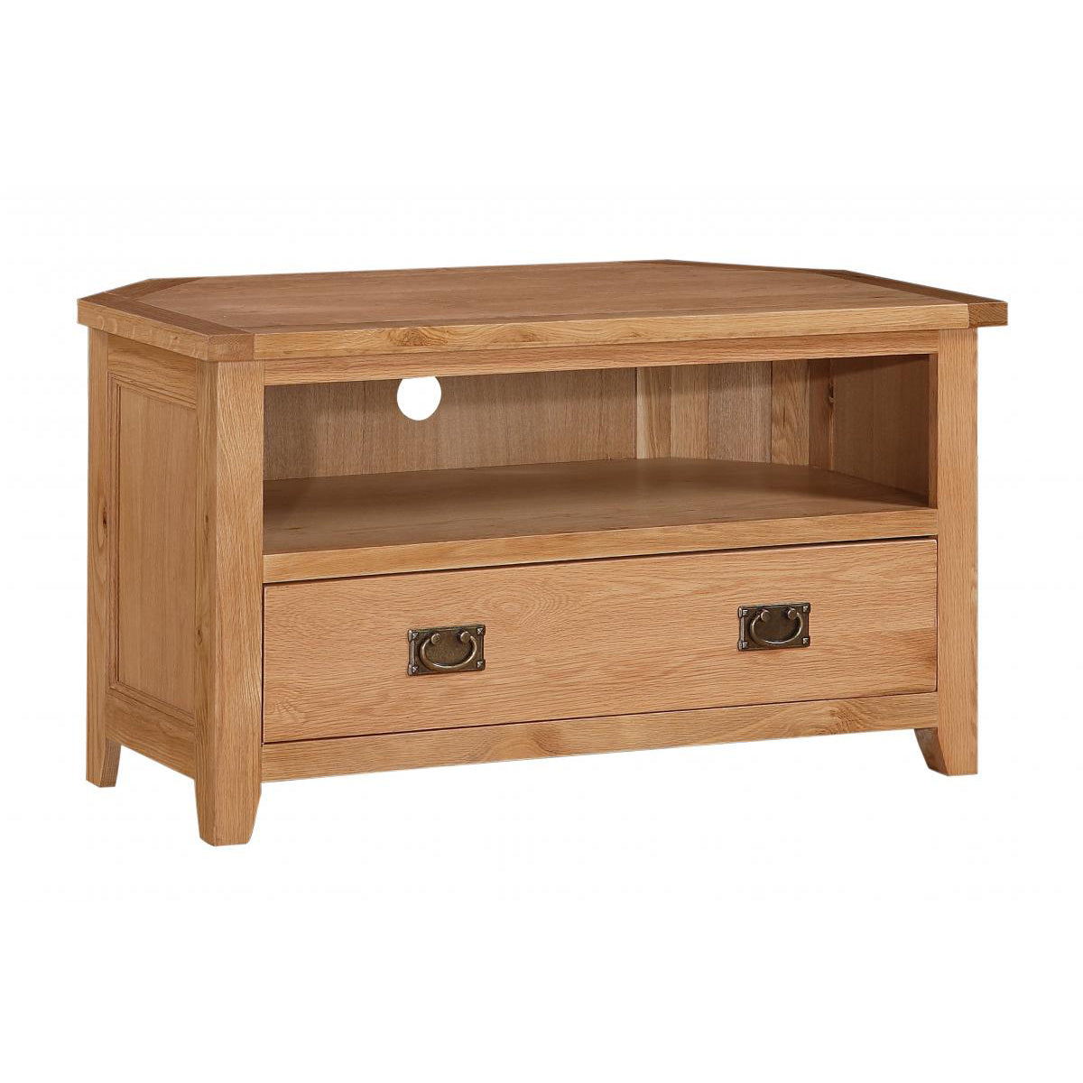 A corner TV unit made of solid oak with one drawer and a lower shelf, featuring an oak veneer finish.