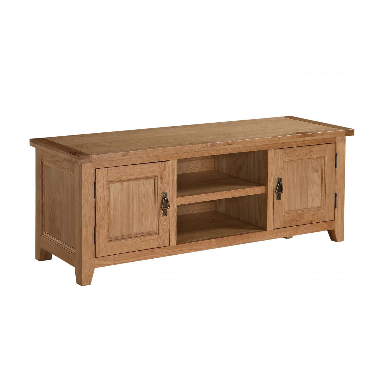 A large 2 door TV unit made of solid oak with oak veneer, featuring a flat top and enclosed storage space, fully assembled.