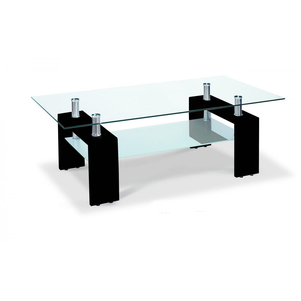 Black high gloss coffee table with a clear glass top and high gloss legs.