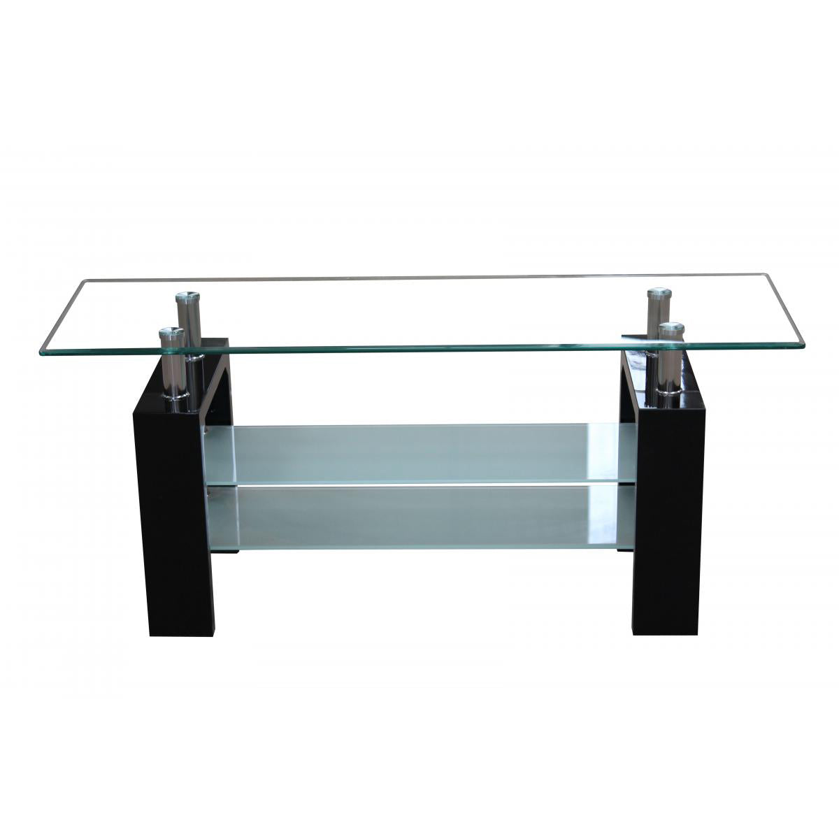 A black high gloss TV unit with a clear glass shelf and metal legs, no TV is included.