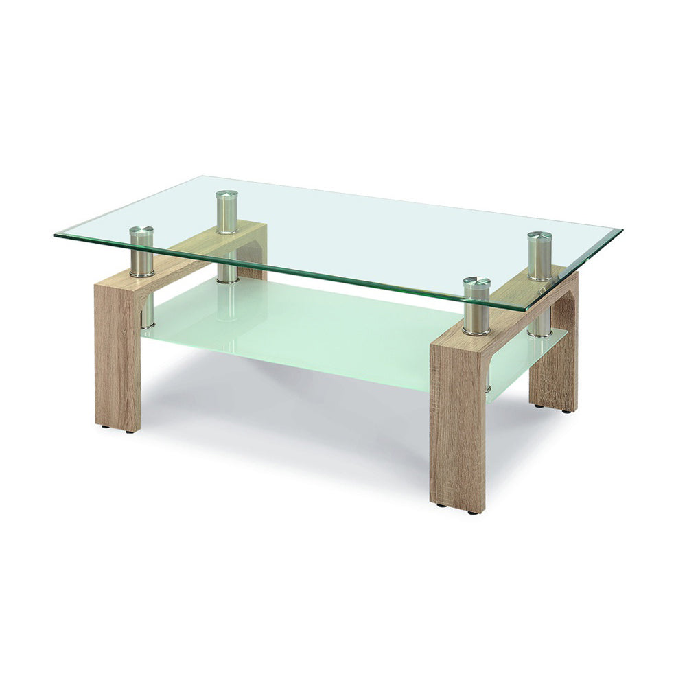 Glass coffee table with wooden legs on a white background