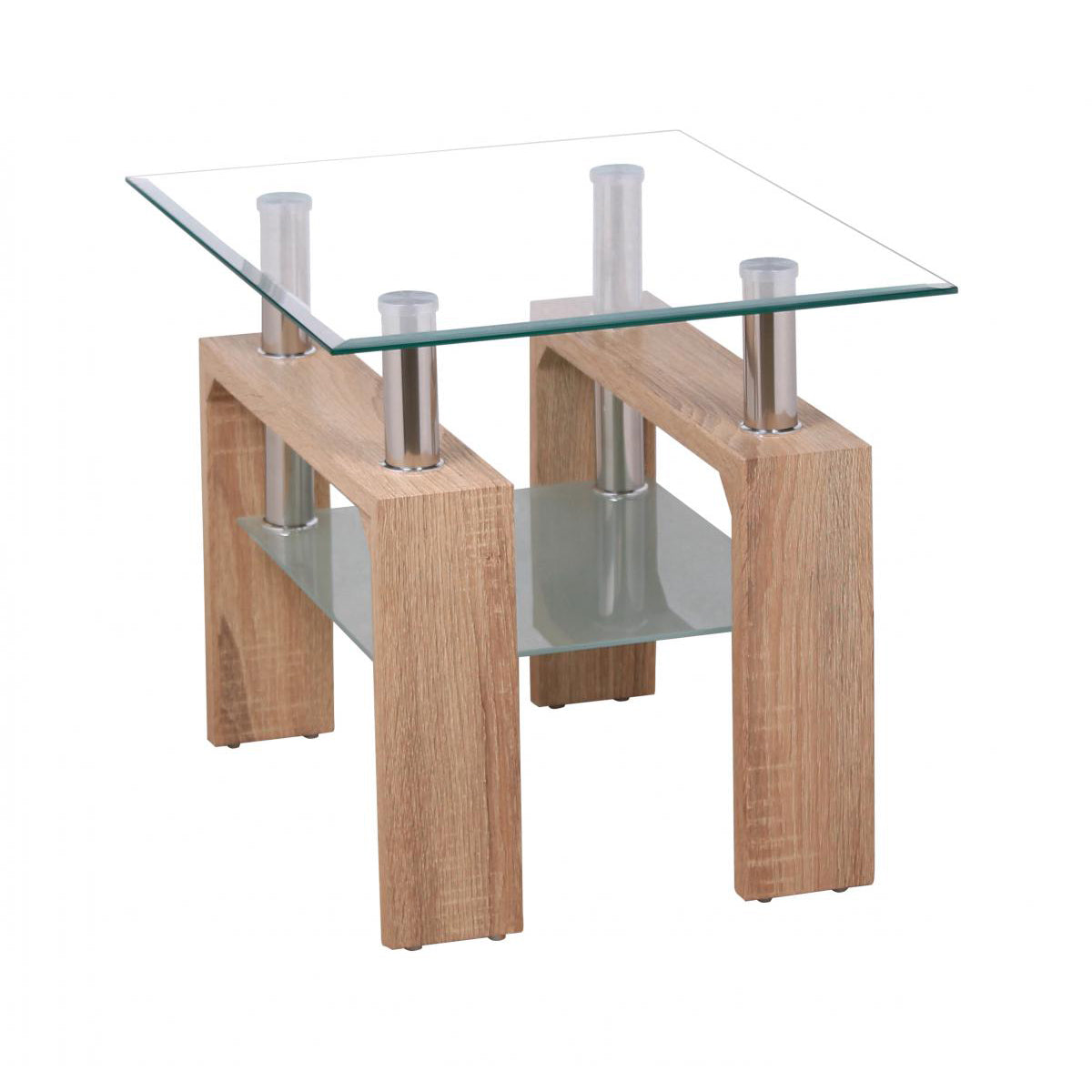 Glass-top table with wooden legs on a white background