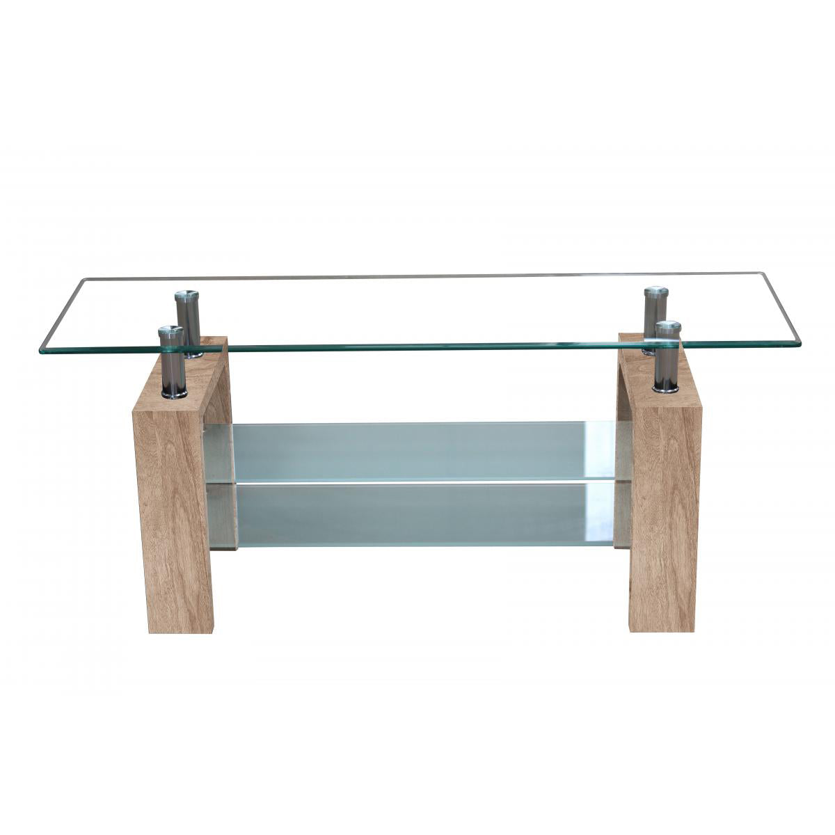 TV unit with glass shelves, natural oak effect finish, and metal legs.