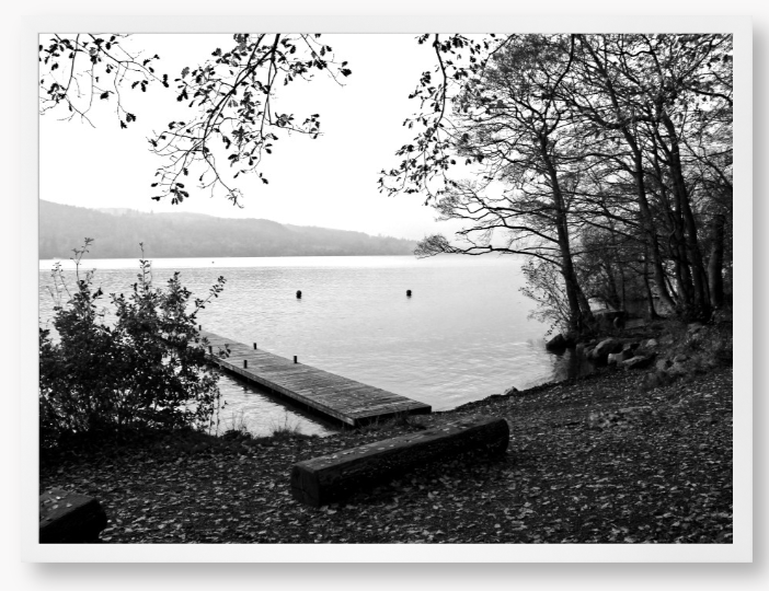 Black and white framed photo of a scene of a lake with a wooden jetty and trees.