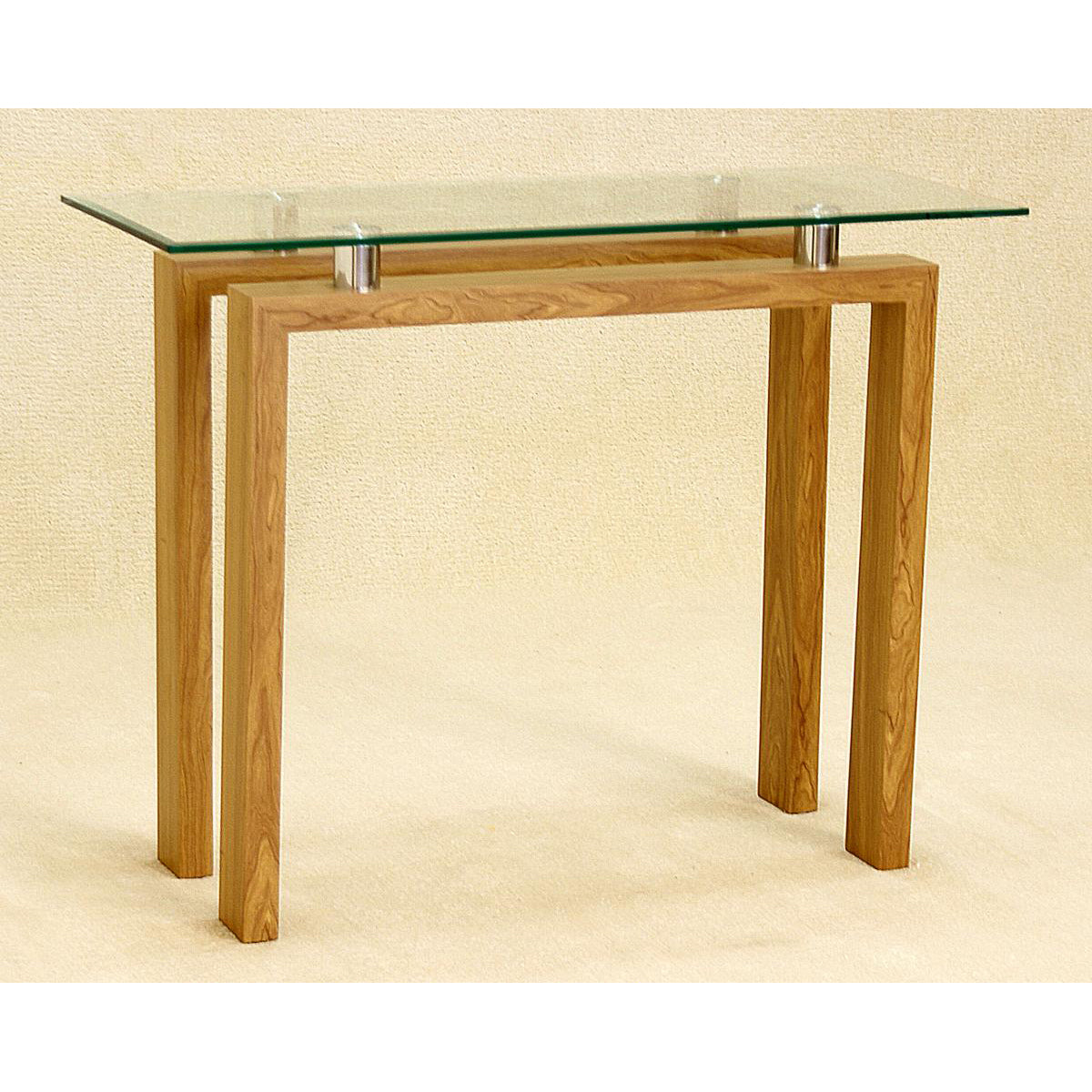 Oak framed console table with a glass top