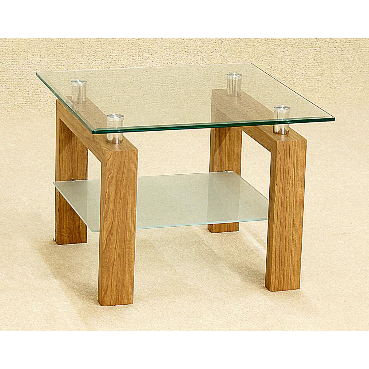 A rectangular lamp table with a clear glass top and oak wood legs, featuring a shelf underneath.