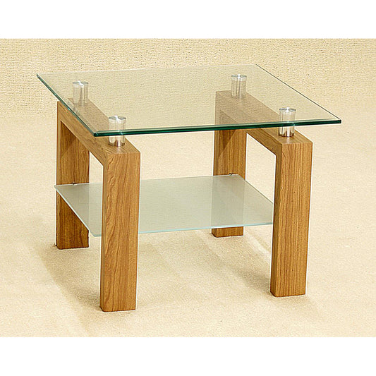 A rectangular lamp table with a clear glass top and oak wood legs, featuring a shelf underneath.
