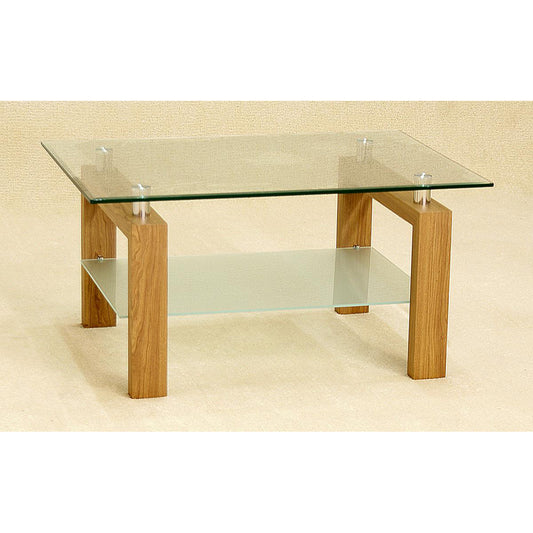 Oak and glass coffee table with a glass shelf. Glass table top and oak legs.