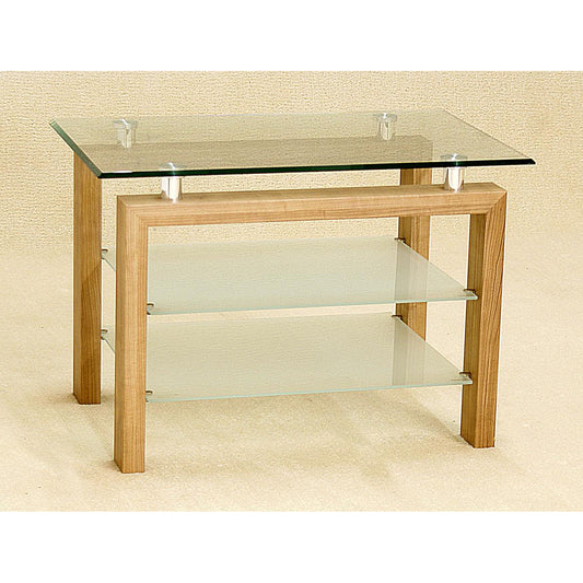 A brown oak and clear glass TV unit with a glass shelf and metal handles.