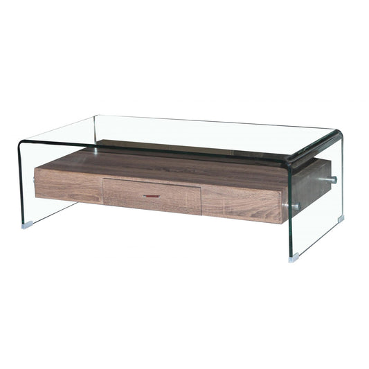 Coffee table with glass top and wooden shelf on a white background