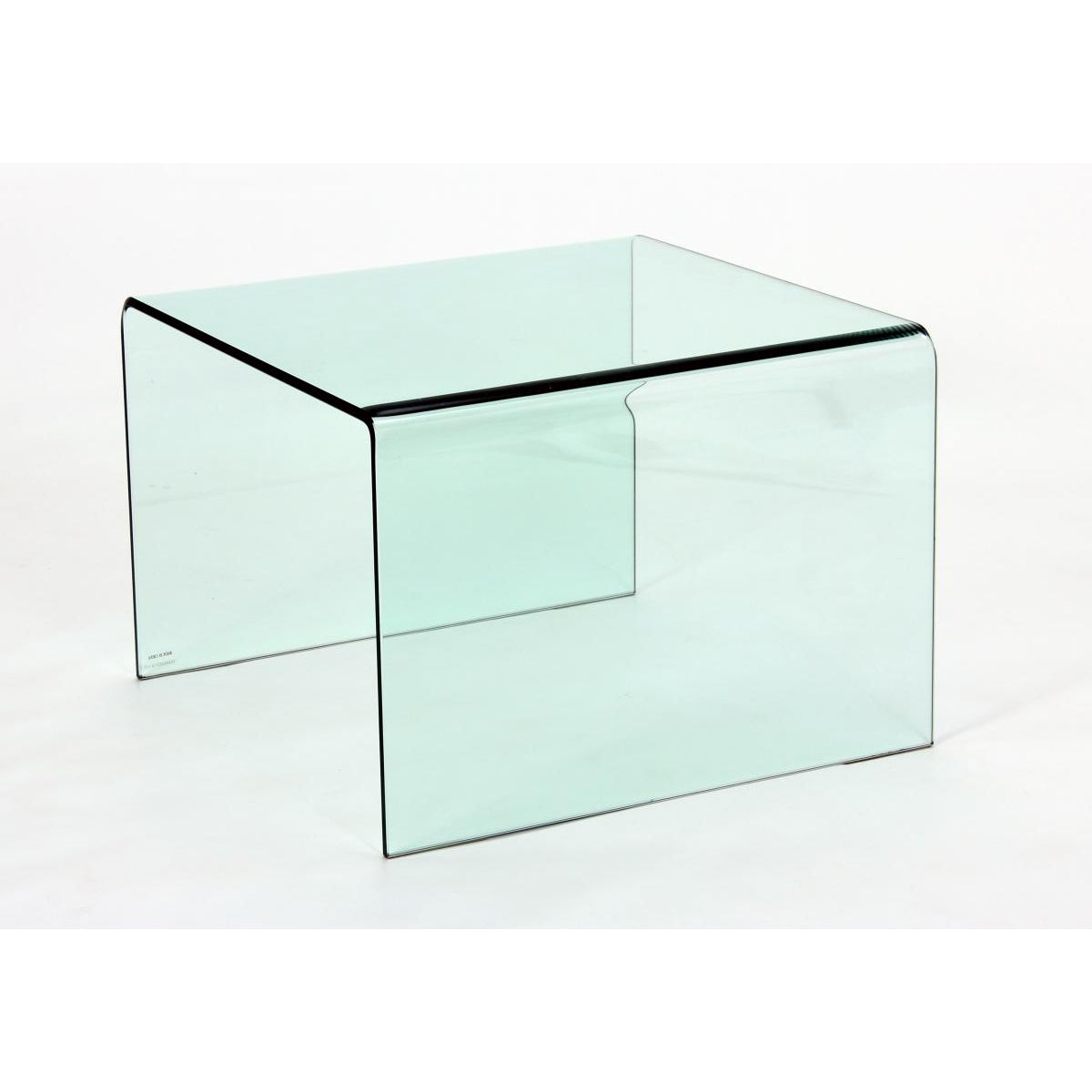 Clear glass lamp table with a rectangular shape and a visible glass joint or seam, with no visible legs.