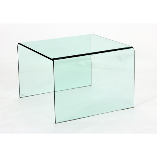 Clear glass lamp table with a rectangular shape and a visible glass joint or seam, with no visible legs.