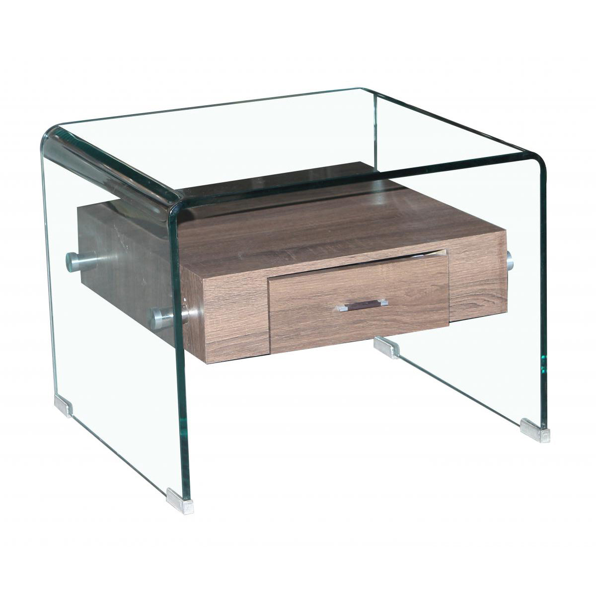 Glass lamp table with wooden drawer on a white background