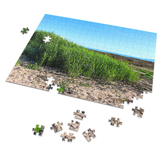 Jigsaw puzzle of a natural landscape with grass and sky, some pieces missing.