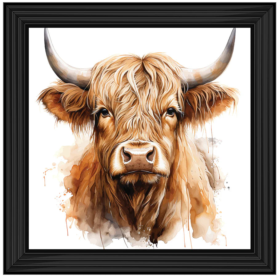 Framed picture of a brown Highland cow with a black frame