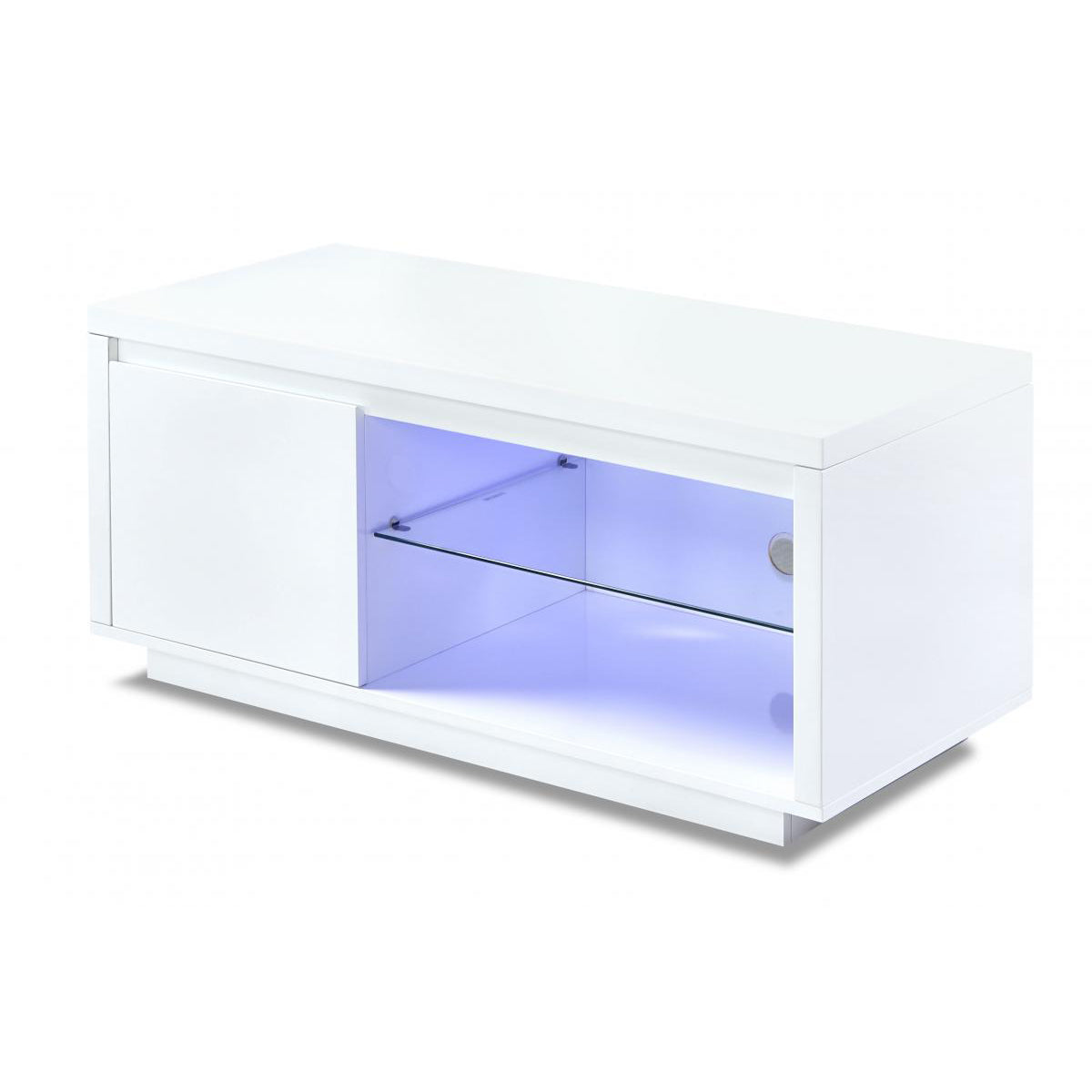 White high gloss TV unit with LED lights, featuring a clear glass door and blue illumination.