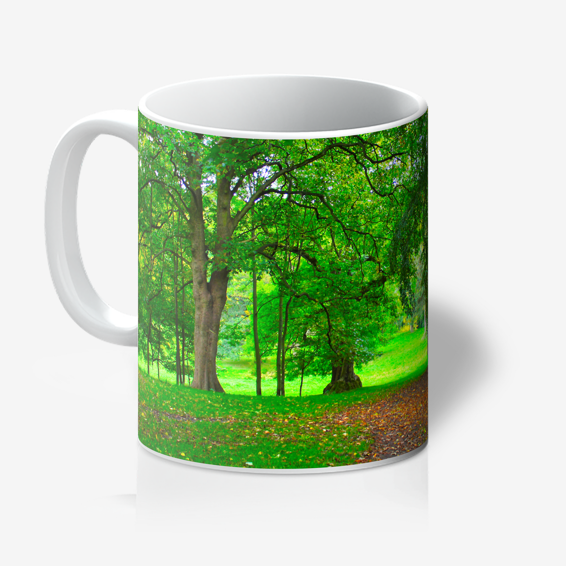 Mug with a scenic design of a forest on a white background