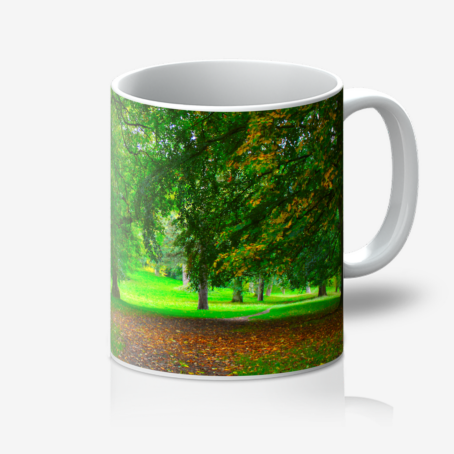 Mug with a scenic design of a park on a white background