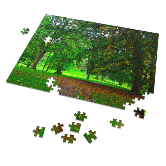 Jigsaw puzzle of a park with trees and a path, some pieces missing.